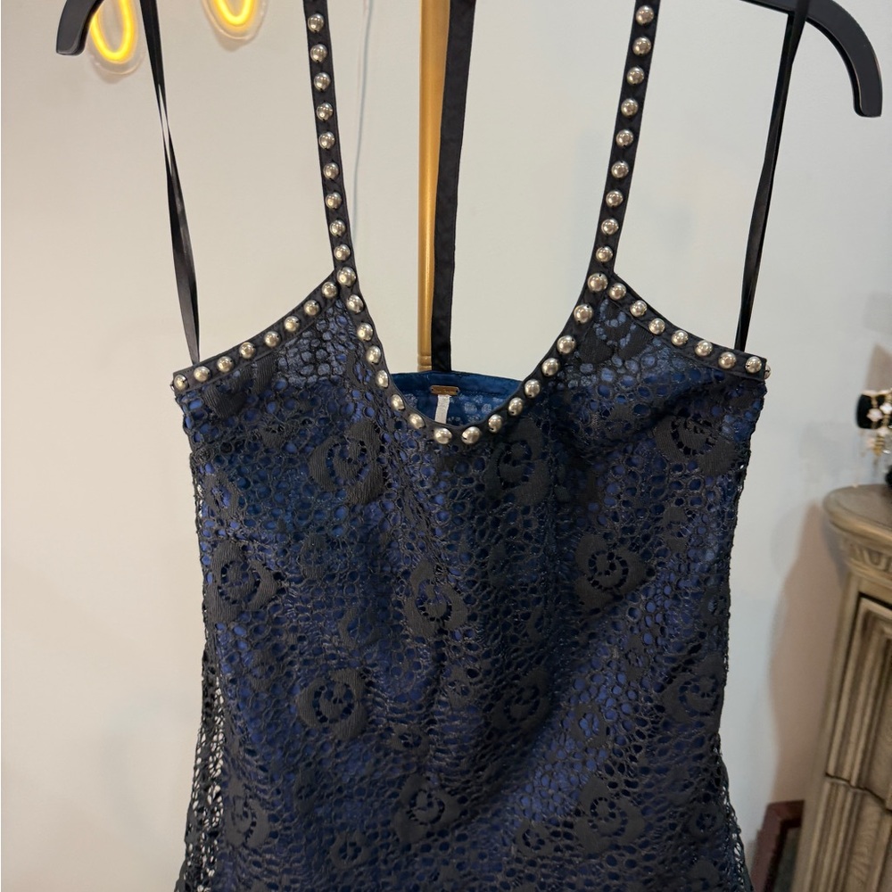 Free People Chic Navy Lace Dress with Pearl Details - Picture 7 of 11
